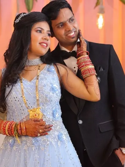 The timeless black tuxedo look, perfected for a wedding reception. I ensure the groom's styling is classic and sharp, with a focus on a fresh, non-greasy finish that lasts all night.