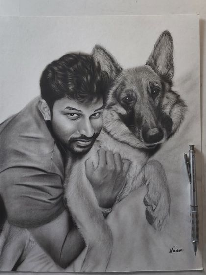 A touching portrait of a man and his German Shepherd, capturing the strong bond between them.
