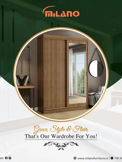 Our wardrobe furniture combines grace, style, and flair. This wooden sliding door wardrobe includes a full-length mirror for added functionality.