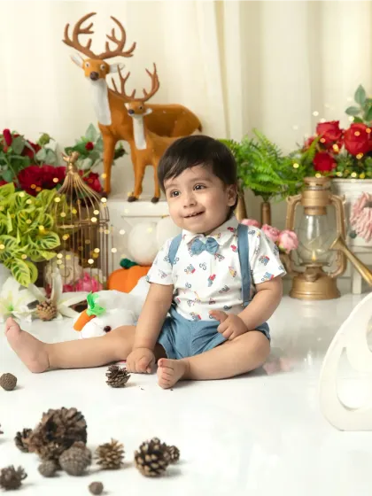 A festive, woodland-themed cakesmash perfect for a winter baby. The setup includes reindeer figures, pine cones, and warm floral arrangements.