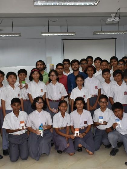 A proud moment at the conclusion of our workshop in Guwahati. Students and trainers gather for a group photo, with some students holding the projects they successfully built.