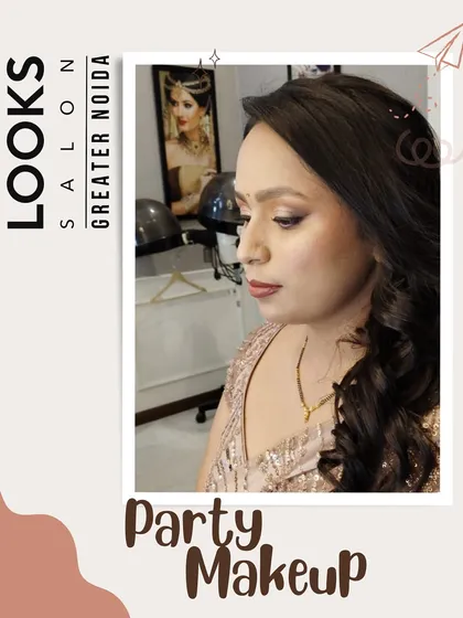 Another angle of the neutral-toned party makeup. The focus is on clean, well-blended makeup that enhances her natural features without looking heavy.
