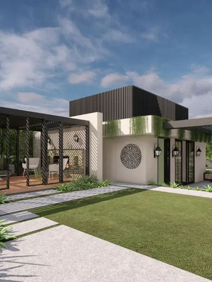 A full view of a proposed terrace landscape in Gurugram, amalgamating open lawn with a covered deck and bar. The design uses sculptures, water features, and varied plantings to create a multi-functional and elegant outdoor living space.