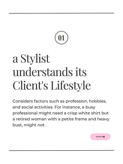 The first step in defining wardrobe essentials is understanding a client's lifestyle. A busy professional has different needs than a retired woman, and their "essentials" will reflect that.