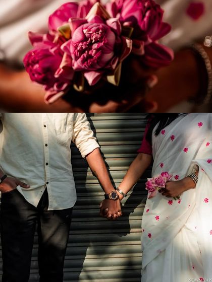 A collage from a pre-wedding shoot, focusing on details like holding hands and the vibrant lotus bouquet, telling a story of love in the city.