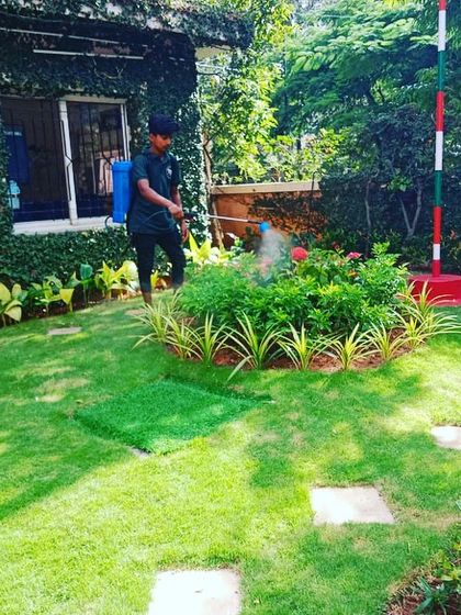 Our team is seen here providing maintenance at a residential gatehouse. We are applying fertilizer and pest control to the central flower bed to keep the plants vibrant and healthy.