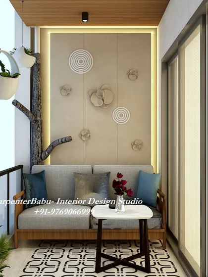 A cozy seating area on the balcony, with a wooden sofa and a feature wall. It's the perfect spot to enjoy your morning coffee or watch the sunset.
