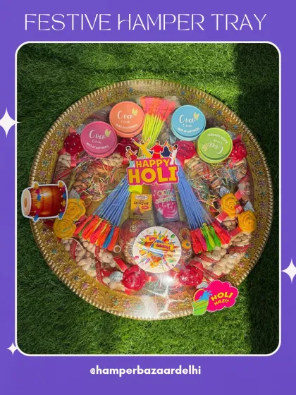 Our festive Holi tray is perfect for gifting to a whole family. It includes multiple jars of snacks, gulal, pichkaris, and everything you need for a memorable Holi.