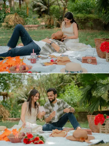 A diptych from a romantic picnic-themed shoot, capturing both a playful moment and a tender one.