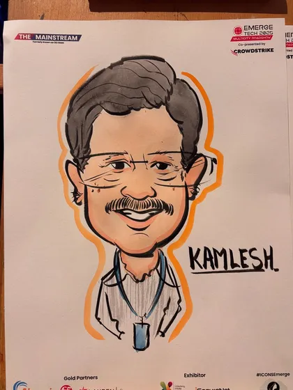 A close-up of a caricature created during a tech conference. The event branding is visible on the paper, making it an effective piece of marketing collateral.