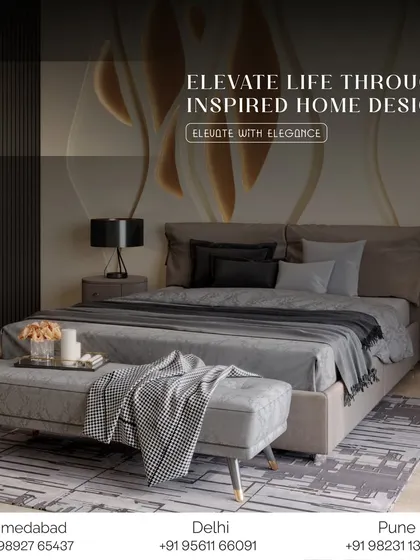A graphic overlay stating our mission to "Elevate Life Through Inspired Home Design." The elegant bedroom design serves as a perfect example of how we achieve this through artistry and attention to detail.