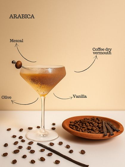 The Arabica, a sophisticated mix of mezcal, coffee dry vermouth, and vanilla, garnished with an olive. A perfect after-dinner cocktail for coffee and spirit lovers.