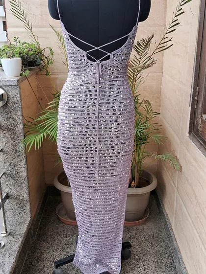 The full back view of our sequin dress, a perfect blend of handmade artistry and party-ready glamour.