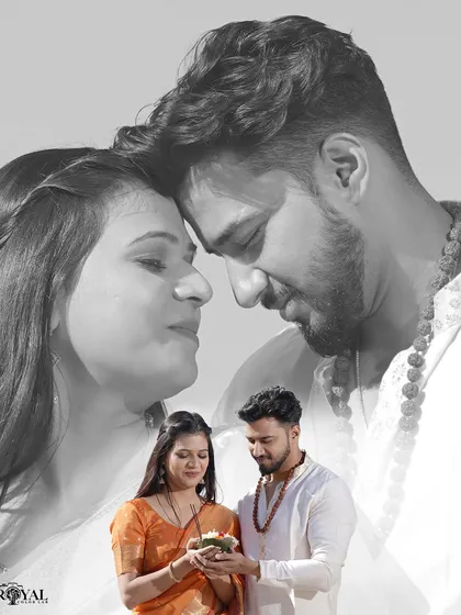 A beautiful black and white portrait with a color inset, capturing an intimate moment between a couple at the ghats.