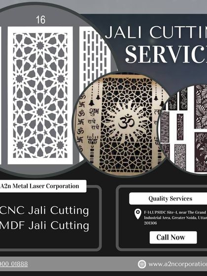 A service graphic displaying a variety of jali cutting designs, from floral to geometric to spiritual motifs like the "Om" symbol. This image provides a quick overview of our diverse pattern capabilities.