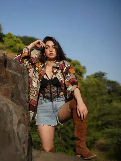 Another angle from the outdoor editorial shoot, highlighting the mix of textures and styles.