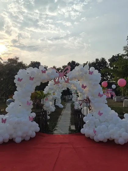 A whimsical entrance for a party, featuring two large white balloon arches adorned with pink butterflies. This creates a magical tunnel for guests to walk through as they arrive.