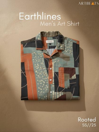 A flat lay of the Earthlines Men's Art Shirt, showcasing the intricate, abstract pattern inspired by natural textures and colors. This piece transitions effortlessly from day to night.
