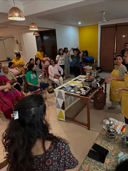A full view of my Sattvic Cooking Workshop in session. I teach participants how to prepare the light, healthy, and delicious food we serve at our ashrams and retreats.