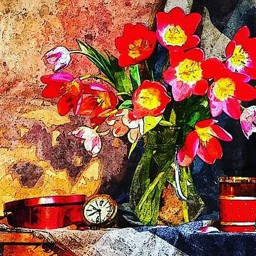 A classic still life painting featuring red flowers in a vase. This timeless art form can add a touch of elegance and warmth to your decor.
