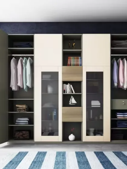 This reach-in wardrobe uses a mix of open shelving, hanging space, and glass-fronted cabinets. The design allows for both easy access and attractive display of books, decor, and clothing.