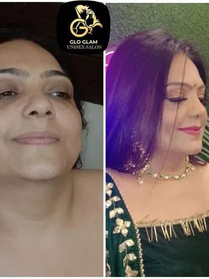 The power of professional makeup is clear in this before and after shot. On the right, you can see how I created a flawless base, defined her eyes, and added a pop of color to her lips for a glamorous party-ready look.