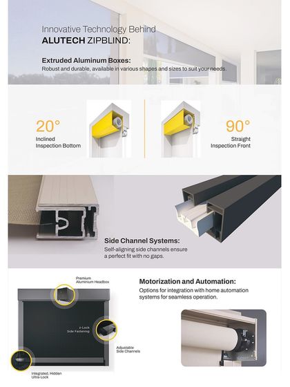 A look at the innovative technology behind the Alutech Zipblind. This includes the extruded aluminum boxes, self-aligning side channels that ensure no gaps, and options for full home automation integration.