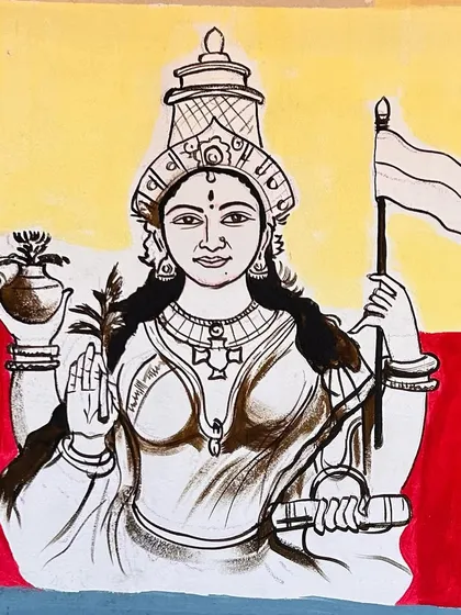 A line drawing of Bhuvaneshwari, the goddess of the Kannada language, holding the state flag, painted at a government school in Chikkamagaluru.