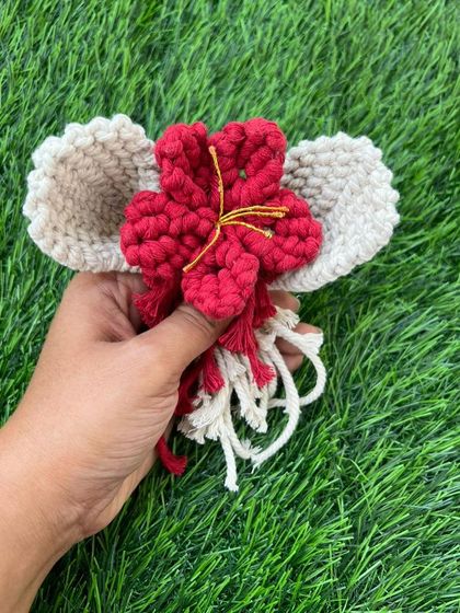 Holding one of my macrame flower creations. This one combines a red flower with cream-colored "ears" or leaves, showing how I can mix and match elements.