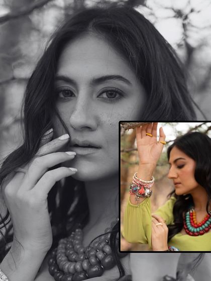 A close-up portrait from the 'Boho Barren' shoot. The focus here is on the natural makeup and the intricate details of the bohemian jewelry, which perfectly complements the theme.