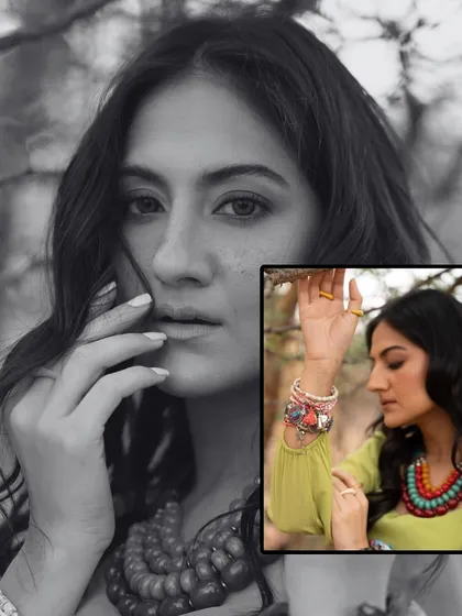A close-up portrait from the 'Boho Barren' shoot. The focus here is on the natural makeup and the intricate details of the bohemian jewelry, which perfectly complements the theme.