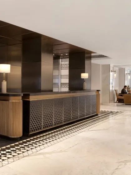 The completed reception at the Soaltee Hotel offers a contemporary reinterpretation of Nepal. The design guides guests through a journey of shifting tones and textures, establishing a sophisticated and welcoming atmosphere that is deeply connected to its location.