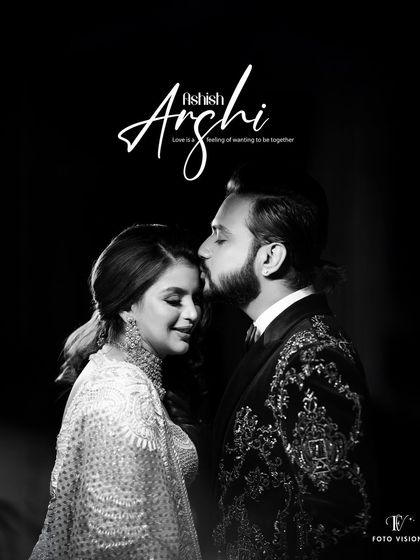 A classic black and white portrait with a romantic forehead kiss. This style adds a timeless and elegant feel to your sangeet and cocktail photos.