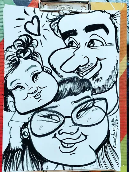 A fun family caricature featuring a mom, dad, and their little one. A beautiful memory captured on paper.