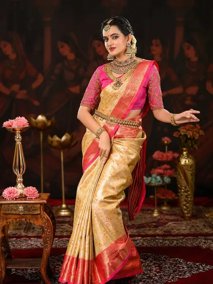 A full-length view of the bride's stunning traditional look. I work with my clients to ensure their makeup, hair, and saree draping are all perfect.