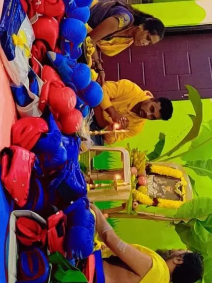 We always do a pooja for our equipment. It is important to respect the tools that help us train and stay safe.
