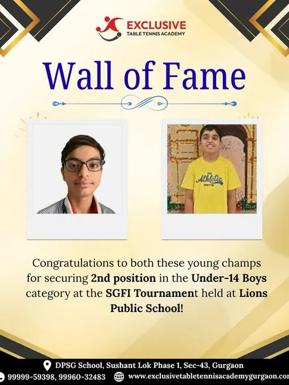 Our digital "Wall of Fame" celebrating two of our young champs for securing 2nd position in the Under 14 Boys category at the SGFI Tournament.