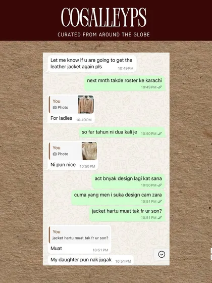 A conversation with a customer asking about the leather jackets from Karachi. I always try to be transparent about my travel roster and when specific items will be available.