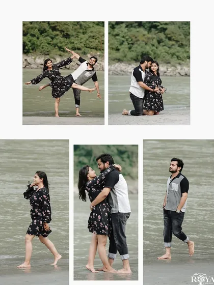 A collage of a couple's candid and silly moments by the river, showcasing their fun-loving chemistry.