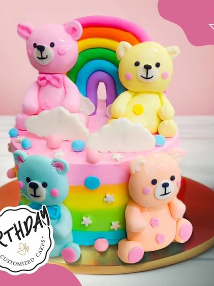 A rainbow of teddy bears on a cake. This colorful and adorable design is perfect for a cheerful and happy birthday celebration.