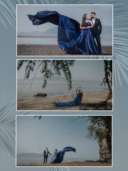 A series of dramatic shots featuring a flowing blue gown against the coastal landscape. This demonstrates how we can create high-fashion, cinematic looks during your beach pre-wedding session.