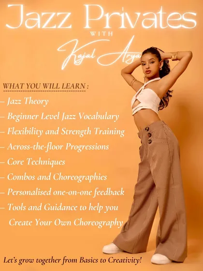 Thinking about personalized training? My private jazz lessons are designed to help you grow from basics to creativity. This poster outlines the curriculum, from jazz theory and vocabulary to building your own choreography with one-on-one feedback.