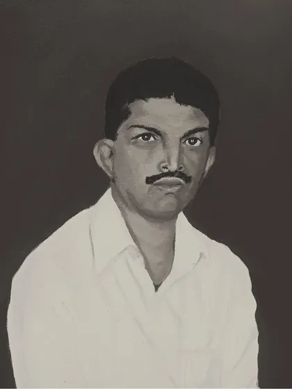 The same acrylic portrait, presented in black and white to emphasize the light, shadow, and expression of the subject.