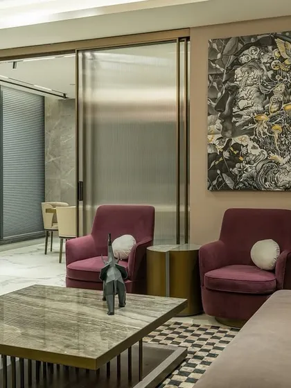 Designing this executive office for a woman MD was an interesting immersion into feminine power. We used a dusty rose color palette and soft textures to create a balance that emulates legacy and integrity with a dash of estrogen.