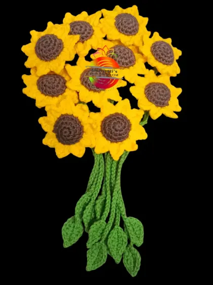 A bright and cheerful bouquet of my crochet sunflower bookmarks. Each sunflower is attached to a long green stem, making it a lovely and practical gift for any book lover.
