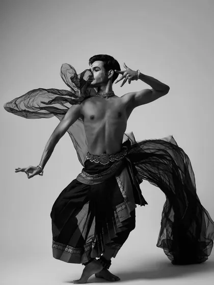 An artistic studio photograph exploring the lines and shapes of Kuchipudi. Beyond the traditional stage, I enjoy experimenting with the visual aesthetics of dance, capturing its form in a contemporary light.