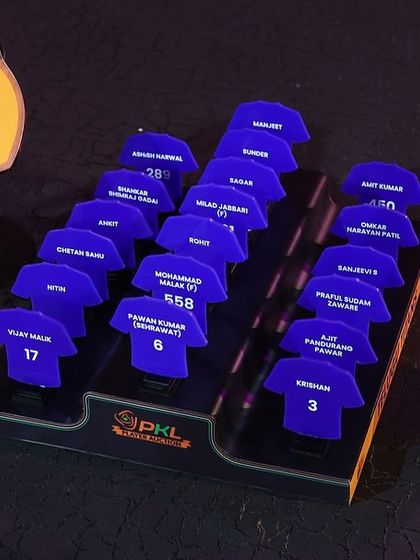 The custom paddle and team roster display for the Telugu Titans at the PKL auction. We create bespoke props and materials for each team participating in the auction.