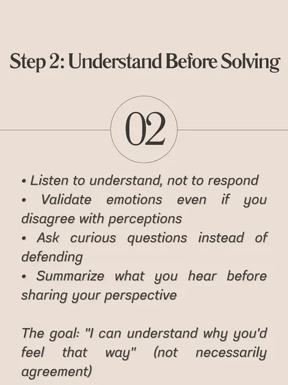 The second step is to understand before you try to solve. Listen to understand, not just to respond. The goal is to be able to say, "I can understand why you'd feel that way," even if you don't agree.