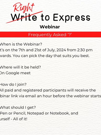 Here are the answers to some frequently asked questions about the 'Write to Express' webinar. You can find details on dates, platform, and what you need to bring, which is simply your whole self.