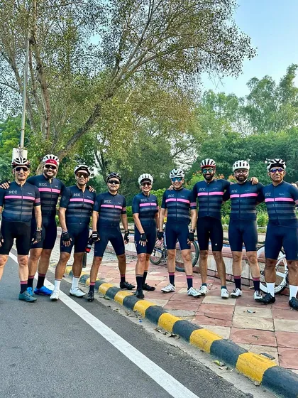 The team in matching kits for a special birthday ride.
